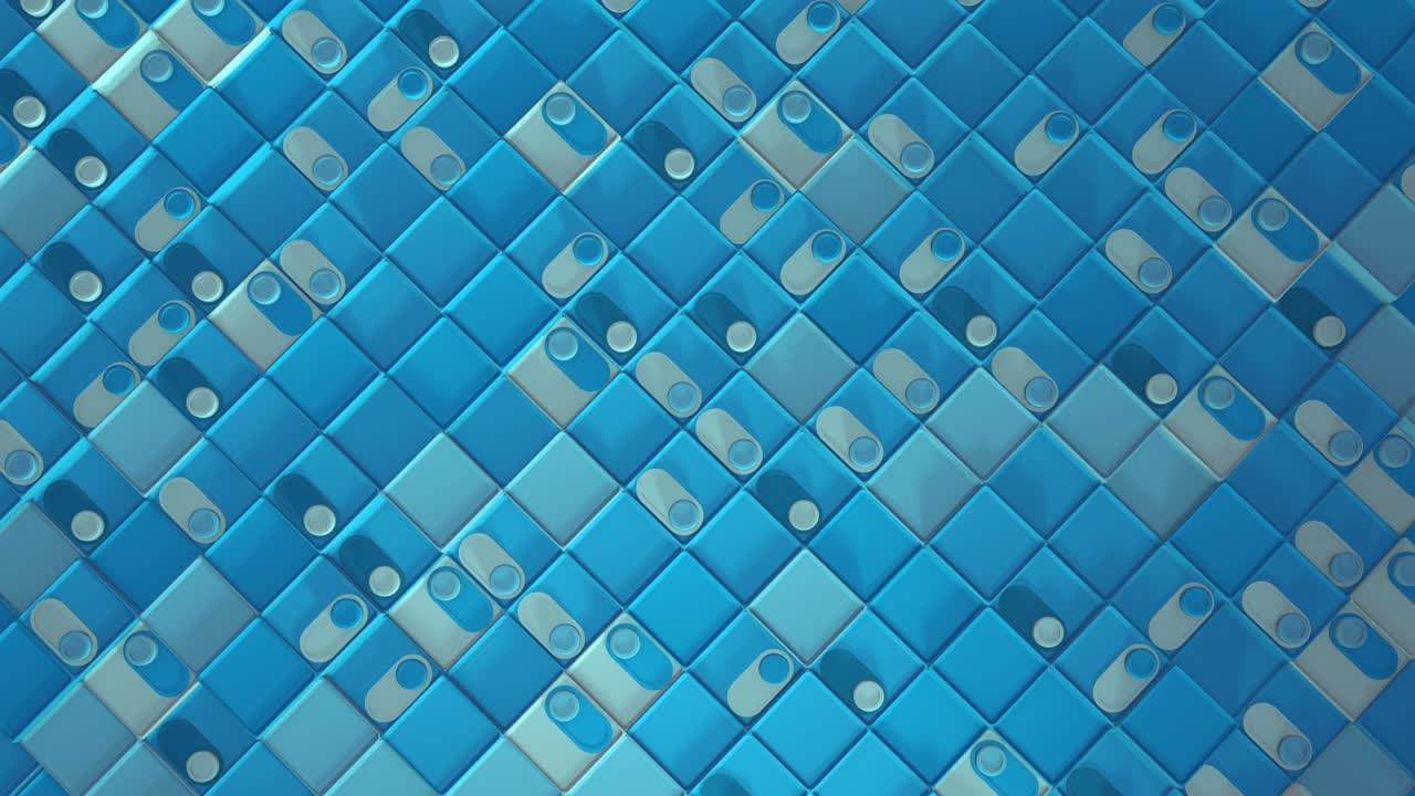 기하학적 모양을 가진 루프 애니메이션의 3d 렌더링, 끝없는 애니메이션, 모양의 변화와 함께 만족스러운 평온한 비디오, 슬라이더가 켜지고, 하색과 파란색,  뷰