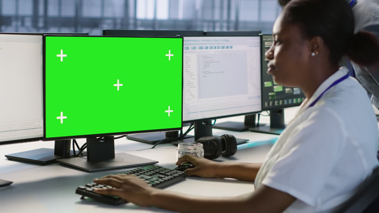 mujer trabajando en una sala de control
