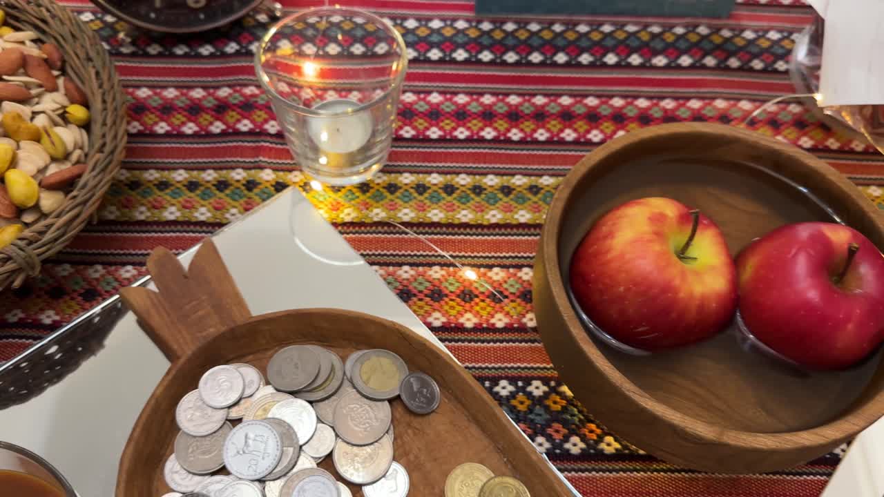 Sumac Russian olive and apple inside wooden bowl on top colorful haftsin table Nowruz ceremony candle lantern vivid decoration traditional Tehran interior scenic nature morning landscape architecture