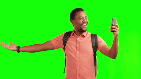 Green-screen,-holiday-and-black-man-on-video-call