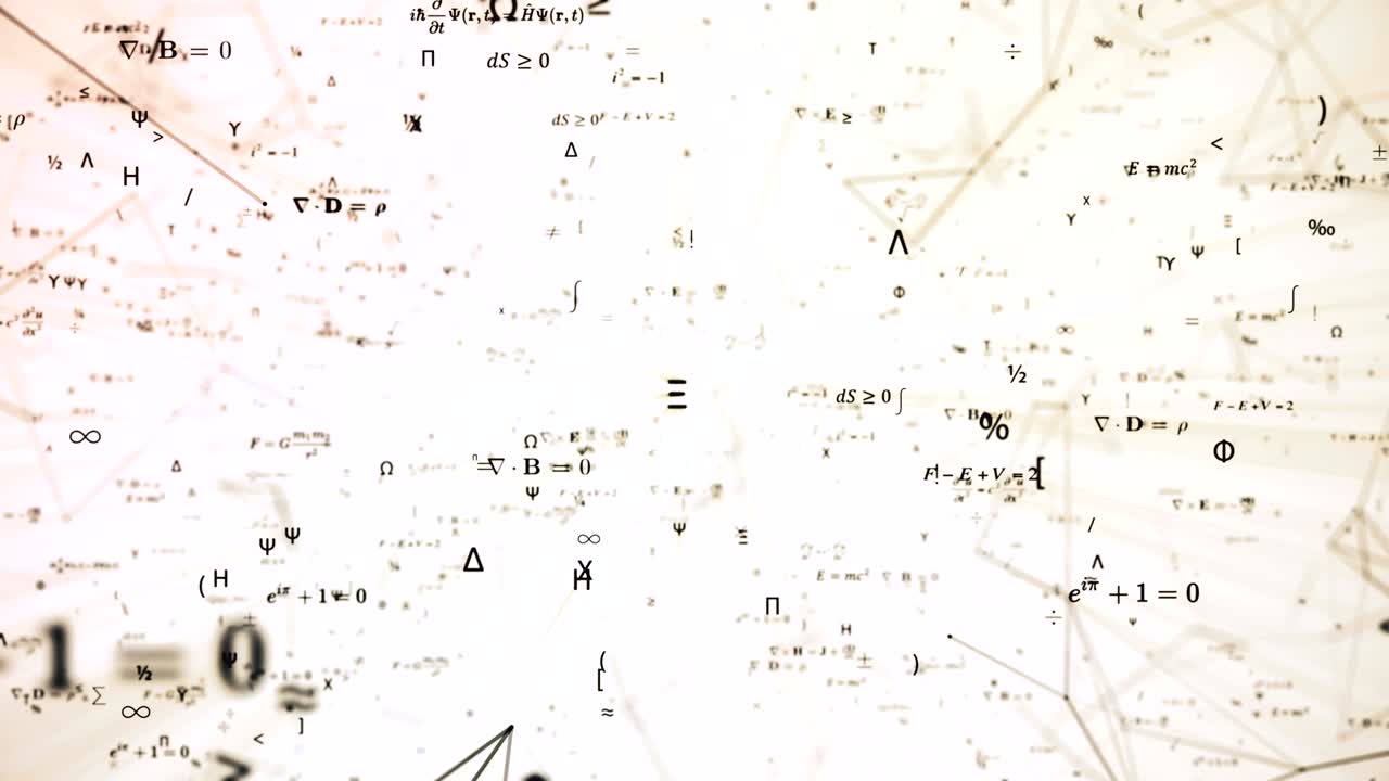 Digital futuristic animation with math, physics formulas and mesh network grid