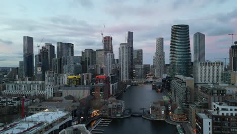 panning drone aerial canary wharf at dusk london uk drone aerial view