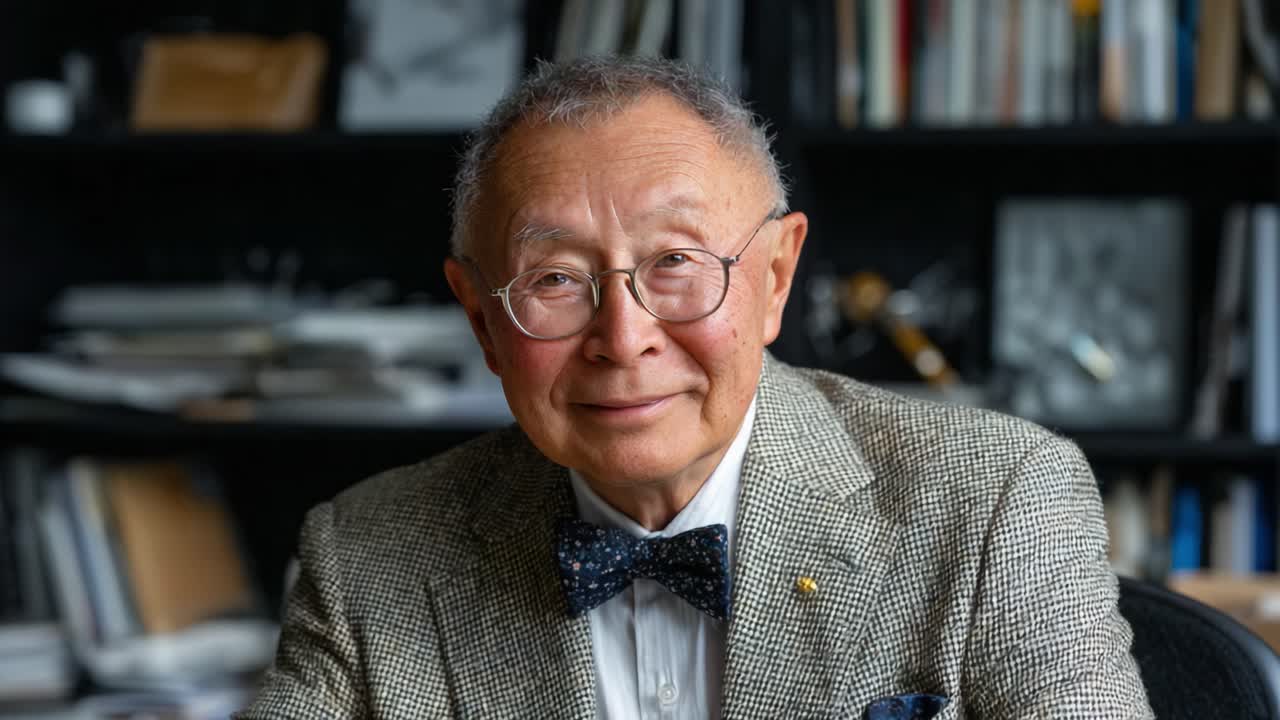 A Distinguished Elderly Man in a Smart Suit with Bow Tie, Sitting Against a Backdrop of Shelves and Books, Engaging in Thoughtful Conversation
