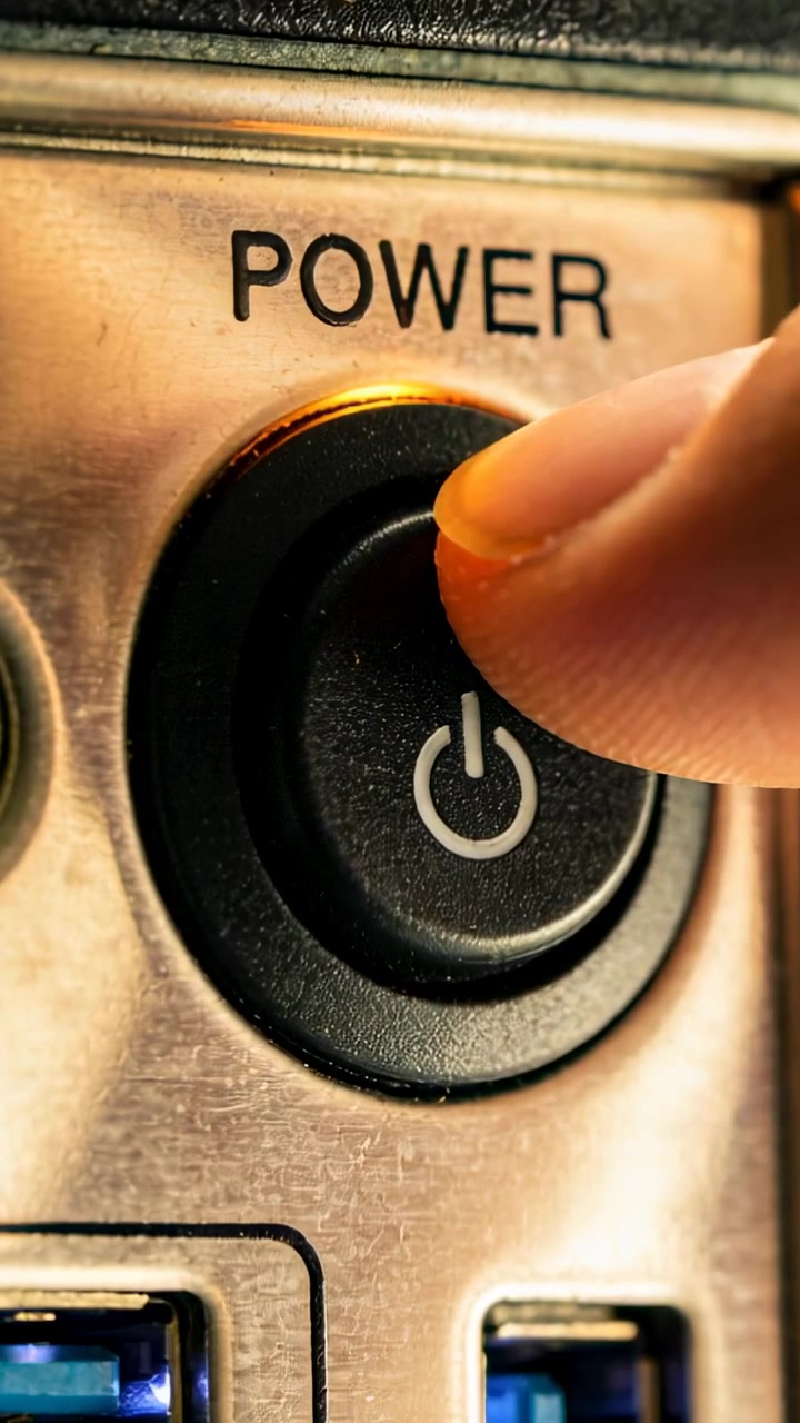 Vertical video: Pressing fingertip activating power button on brushed panel, amber ring powering PC