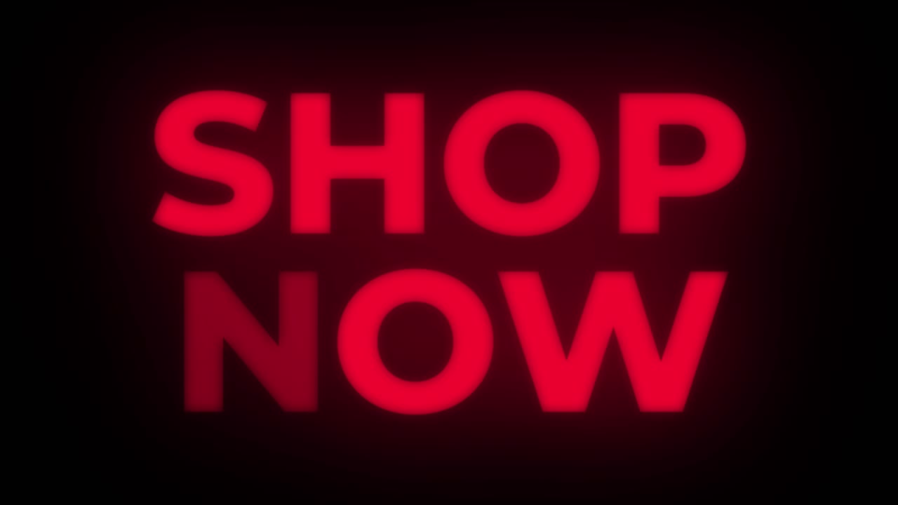 Shop now text blinking flickering neon red sign promotional loop background sale discounts deals