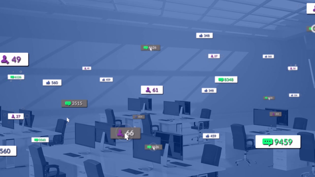 Floating biz badges popping on load in office updating counts cursor hovering showing data fading