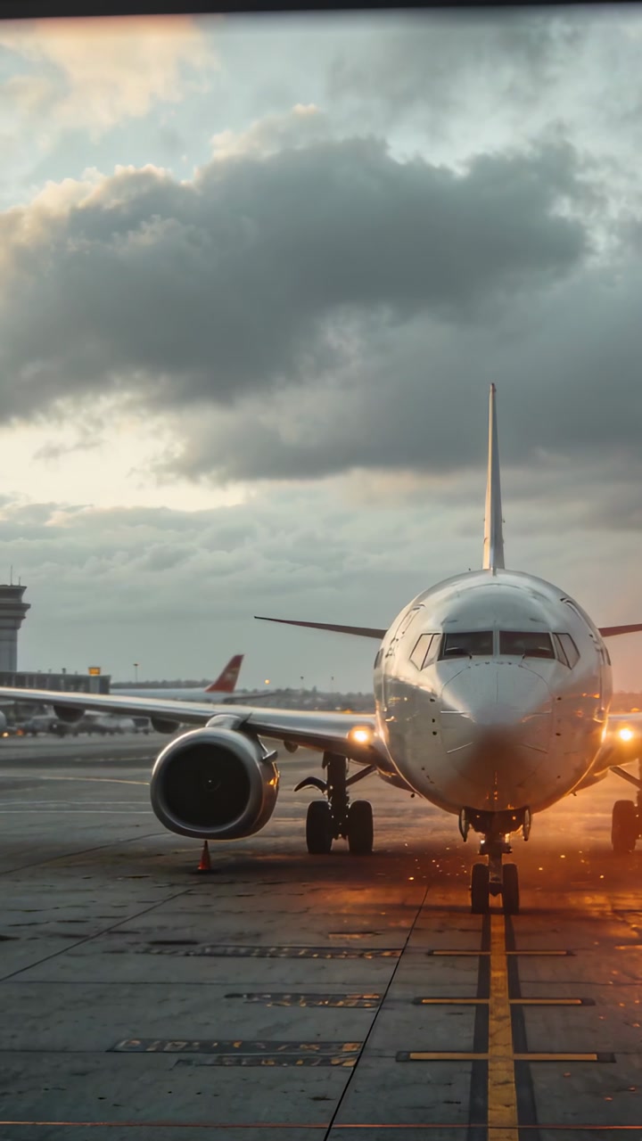 Vertical video: Moving narrowbody jet rolling forward on apron taxi line after clearance, near cone