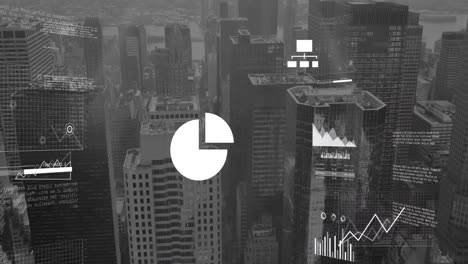 animation of screens with data processing against aerial view of tall buildings