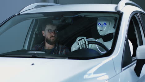 human and robot testing autonomous vehicle