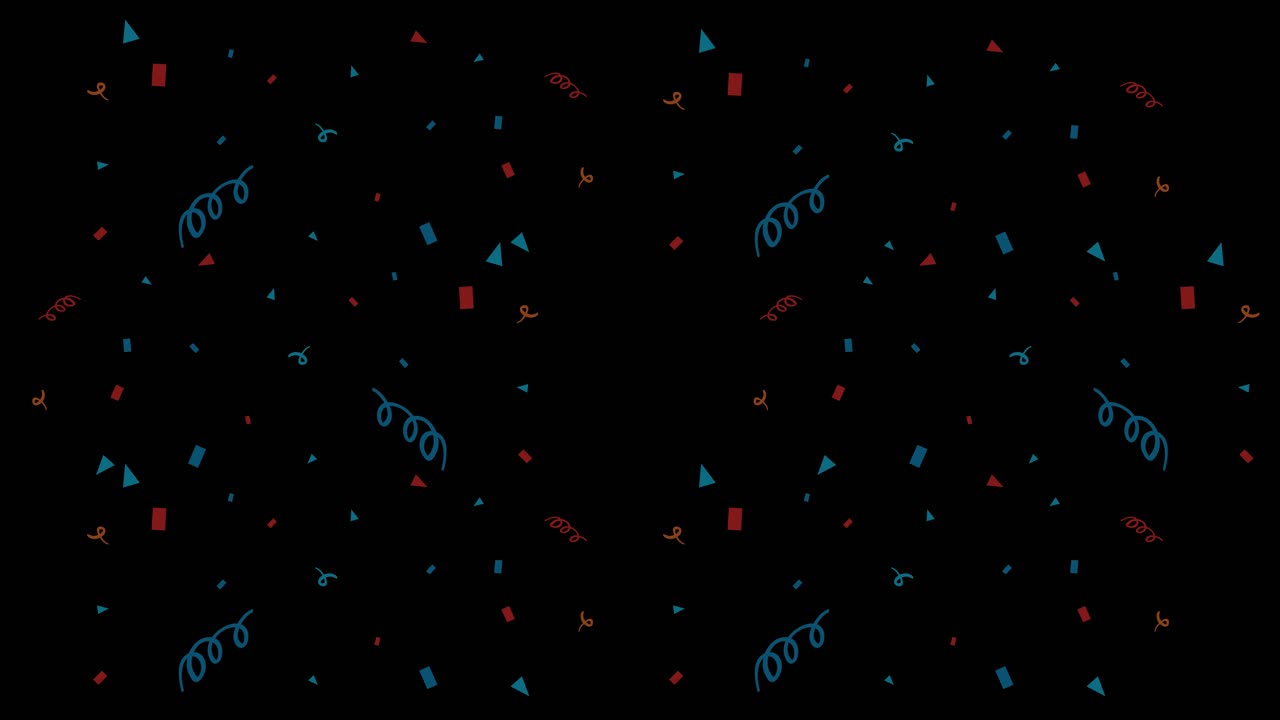 Colorful confetti shapes move energetically against a dark backdrop, creating a lively and festive atmosphere