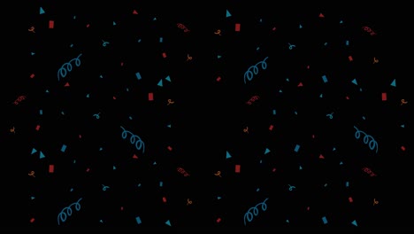 colorful confetti shapes move energetically against a dark backdrop, creating a lively and festive atmosphere
