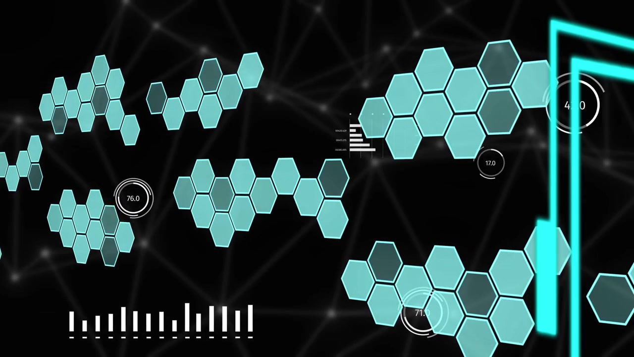 On load teal hex clusters shifting and pulsing while gauges updating, visualizing system metrics