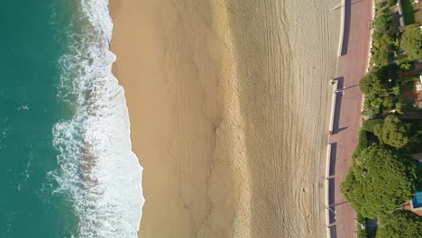 aerial image with drone of lloret de mar virgin beach with green vegetation in mediterranean sea turquoise water overhead view