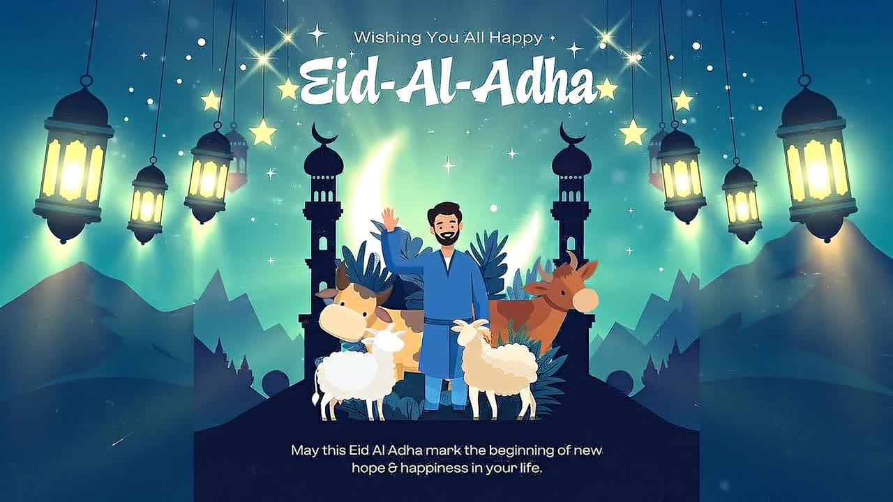 Animazione di paesaggio desertico per Eid al-Adha con mucca sorridente, capra, silhouette di moschea e cielo luminoso con luna crescente.