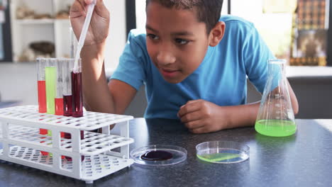 In-a-school-setting,-in-a-classroom,-a-young-African-American-student-examines-chemistry-signs