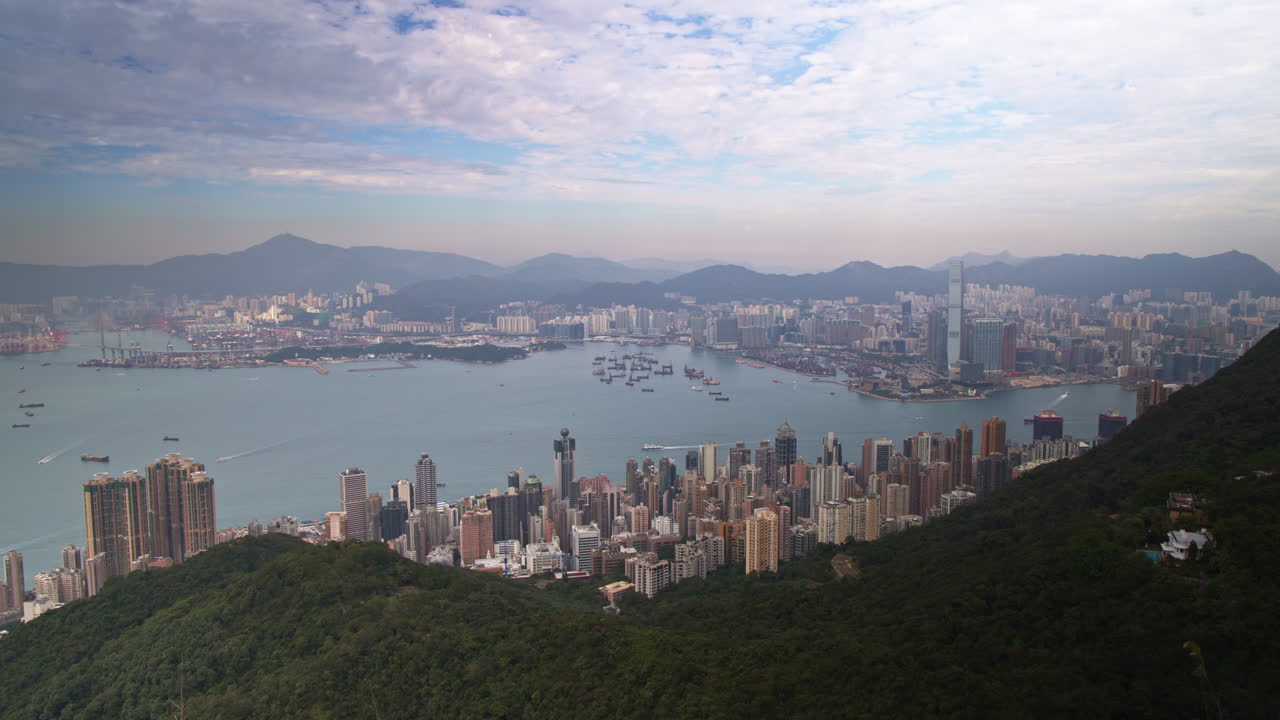 Timelapse Cityscape Skyline Peak View of of Hong Kong Island and Kowloon with Victoria Harbour on Sunny Day