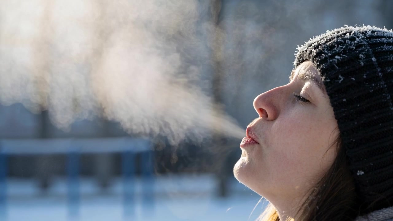 Inclinando la cabeza, frunciendo los labios, mujer exhalando vapor moviéndose hacia la izquierda, parque nevado difuminado, gorro de lana, espacio para texto