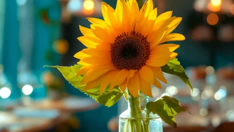 a vase with a sunflower sitting on top of a table