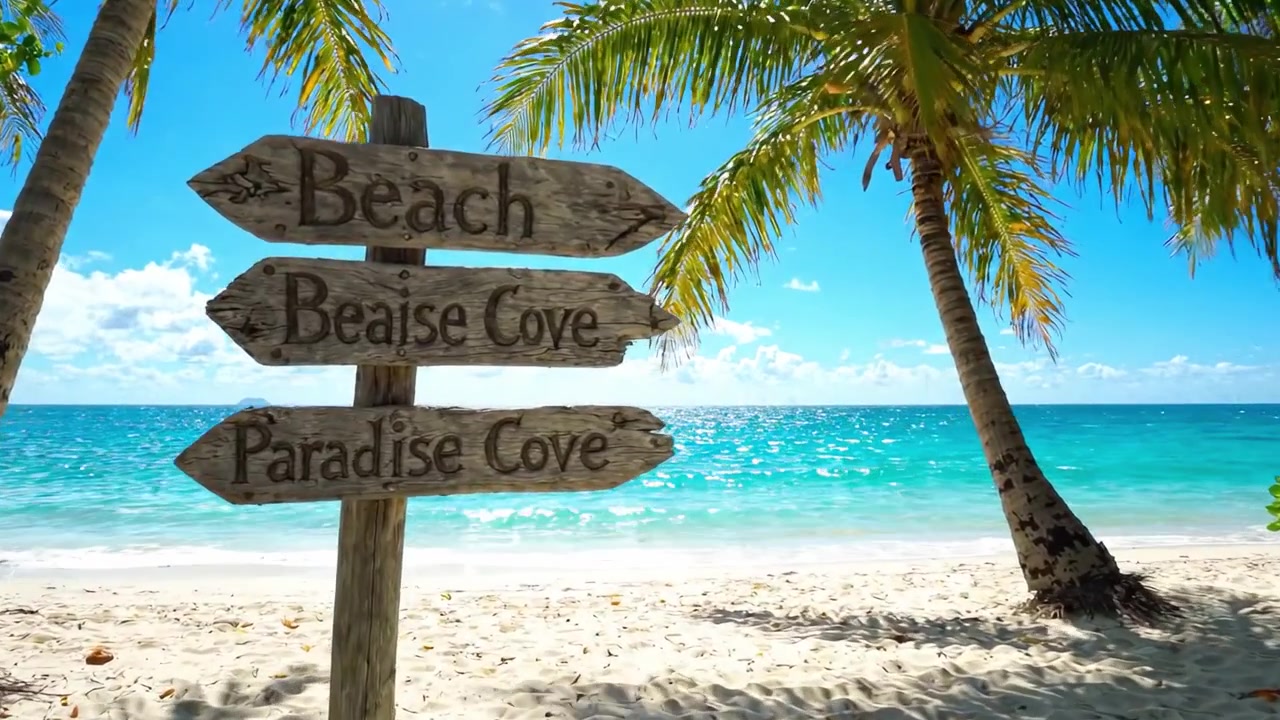 Tropische Strandwegweiser, die unter einem strahlend blauen Himmel und Palmen zu Strand, Beasie Cove und Paradise Cove zeigen.