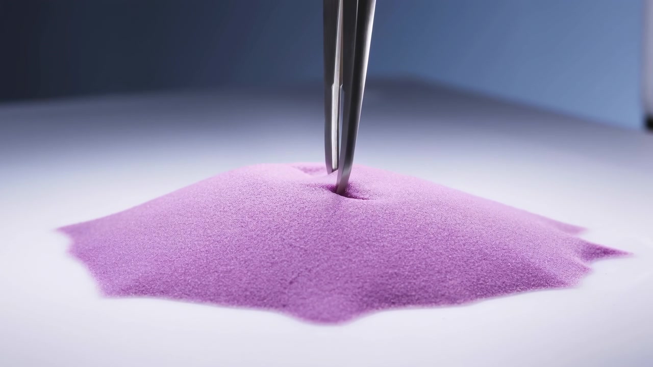 Metal tweezers press into top of small mound of fine purple sand on white tabletop, then lift cohesive clump while leaving shallow crater and displaced granules under clean studio light