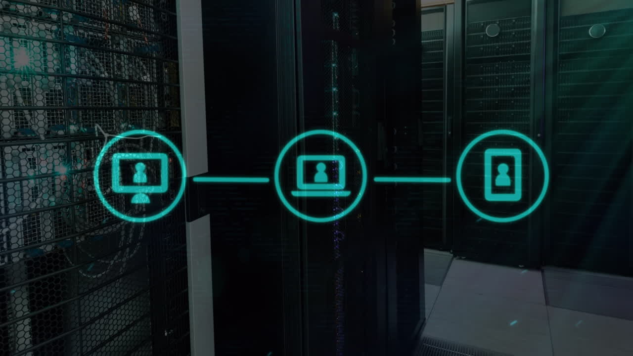 Animation of light trails and media icons over server room