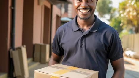 professional courier in dark blue polo shirt confidently carrying sealed cardboard box while smiling, representing efficient delivery service and logistics operations