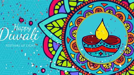 animación de feliz diwali sobre confeti colorido y mandala decorativa sobre un fondo azul