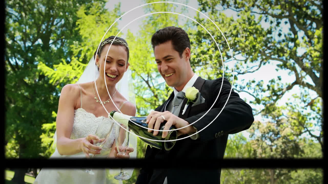 Pouring champagne, bride and groom celebrating wedding over circular animation