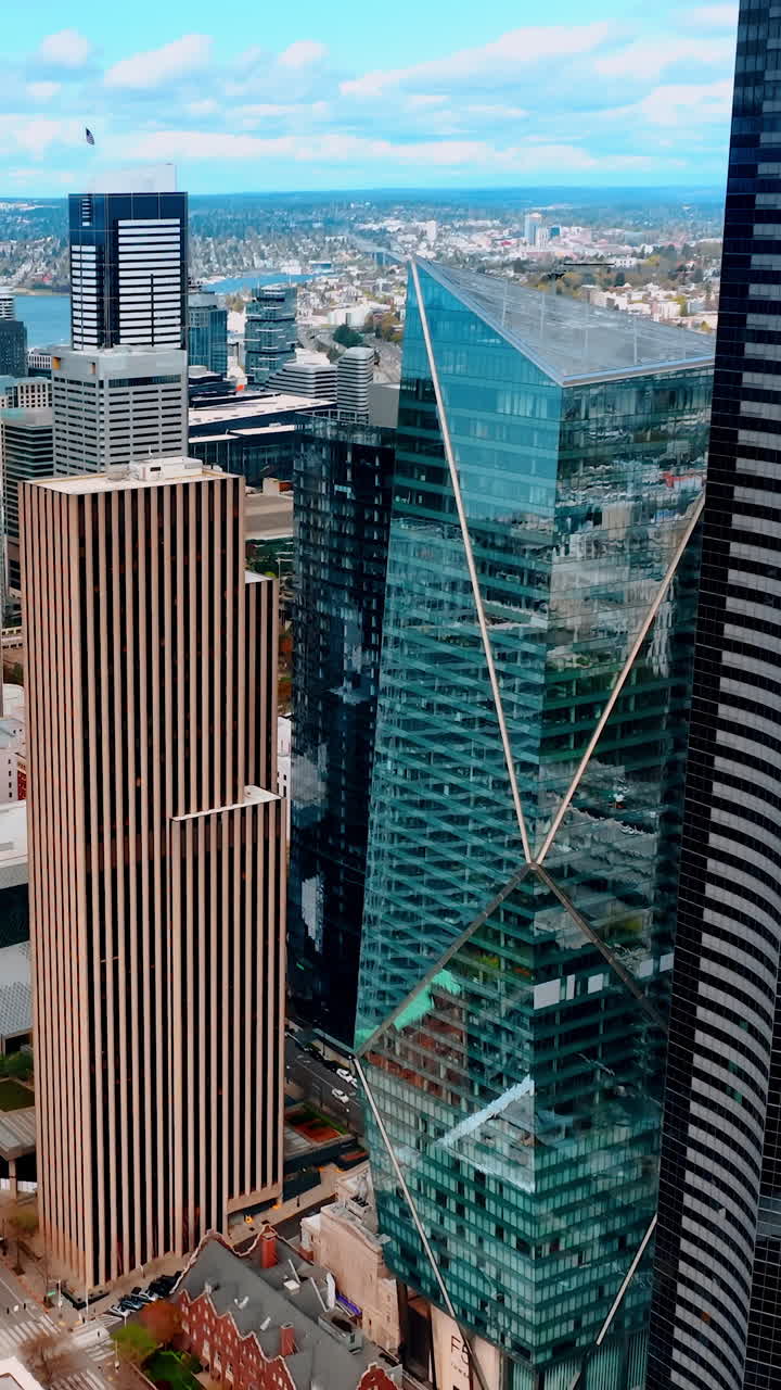Seattle city aerial view with modern buildings. American city architecture. Vertical video