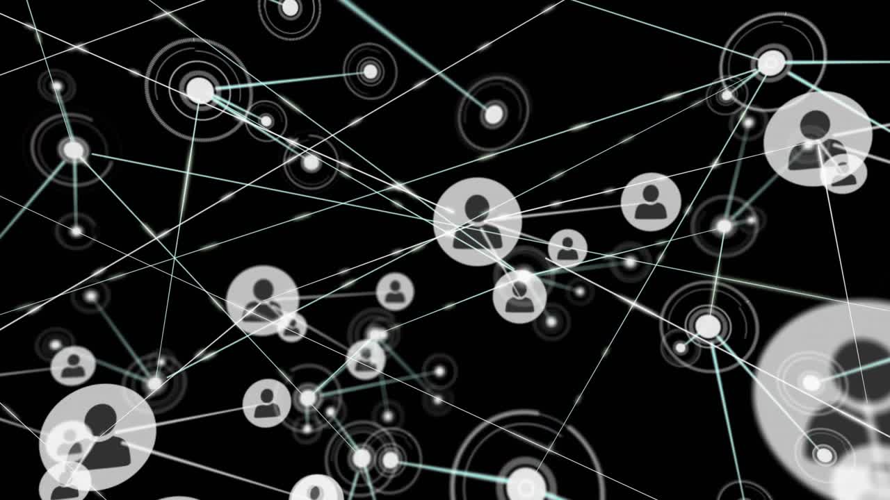 Orbiting dot appearing at central hub, cluster expanding, lines linking avatars, showing data flow