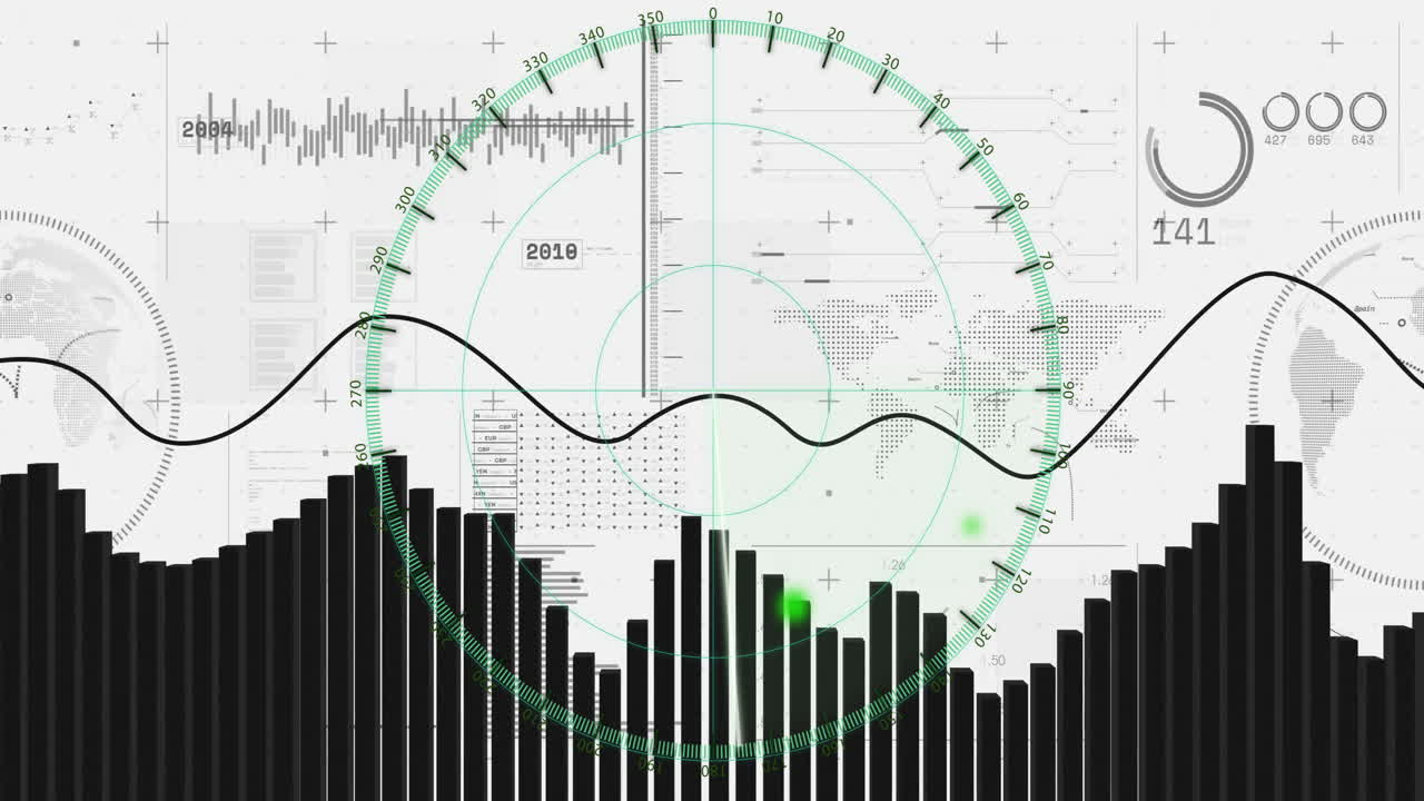 Data visualization animating on dashboard, showing bar chart and rotating green protractor grid