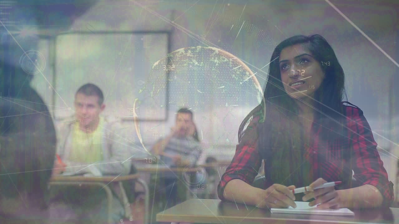 animación de la red de conexiones y el mundo sobre diversos estudiantes y profesores en la universidad