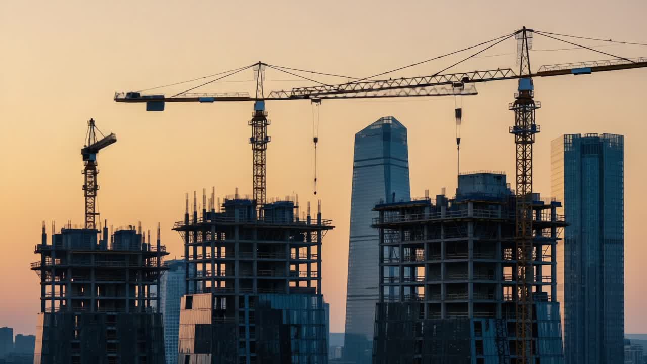 A Dynamic Urban Construction Scene at Sunset: Tower Cranes and Building Frames Showcase Architectural Progress in a Modern City Skyline