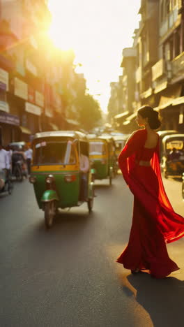 golden hour on an indian street: woman in red saree and auto-rickshaws