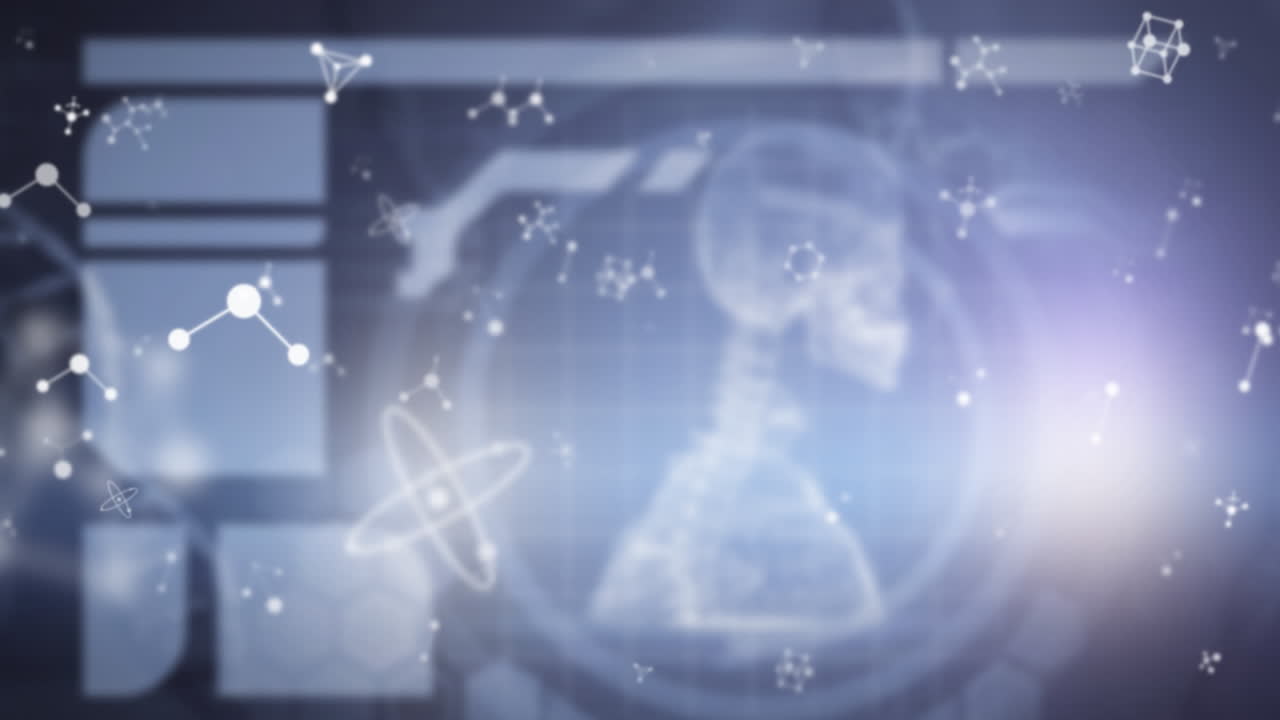 3차원 인간 골격 모델 위에 떠다니는 분자와 화학 원소의 애니메이션