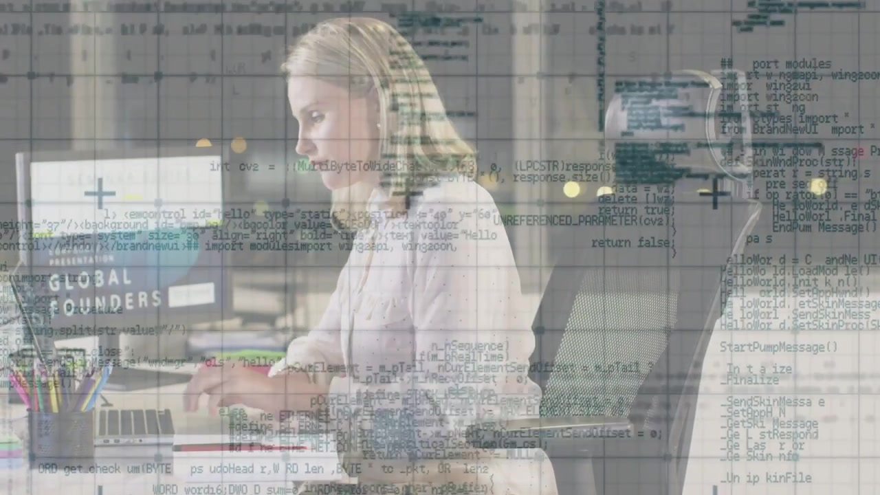 Glancing at papers, woman sorting files, typing on laptop, updating GLOBAL FOUNDERS under gridlines