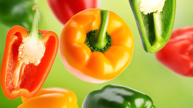 Vibrant red orange and green bell peppers in motion