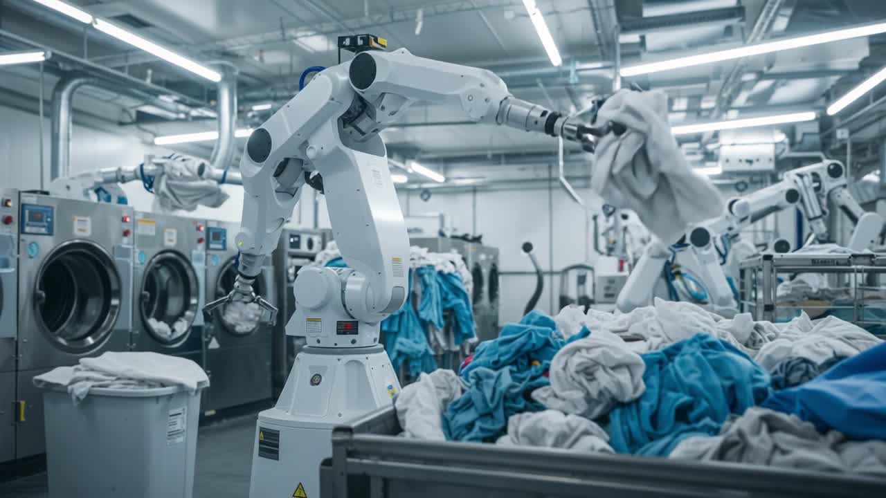 Automated Robotic Laundry System in Action: High-Tech Machines Manage Large Loads of Clothing in a Modern Commercial Laundry Facility