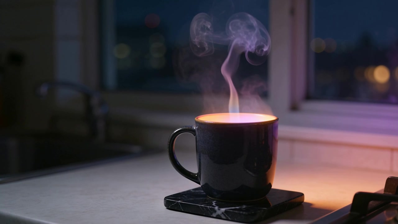 Hot drink releasing steam, black ceramic mug sending plumes on counter with marble coaster, cooling