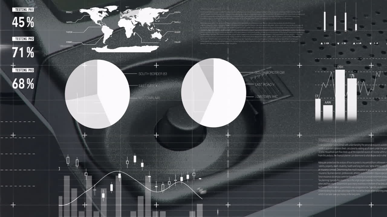 자동차 내부 대시보드의 클로즈업에 대한 금융 데이터 애니메이션 분석