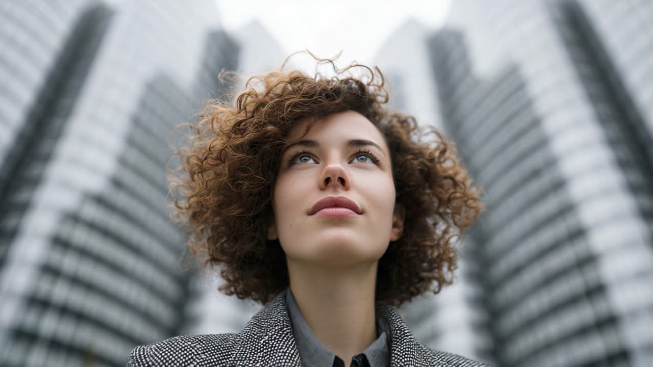 A woman with curly hair in a stylish coat gazes upwards with a thoughtful expression, surrounded by towering modern buildings that create a striking urban backdrop