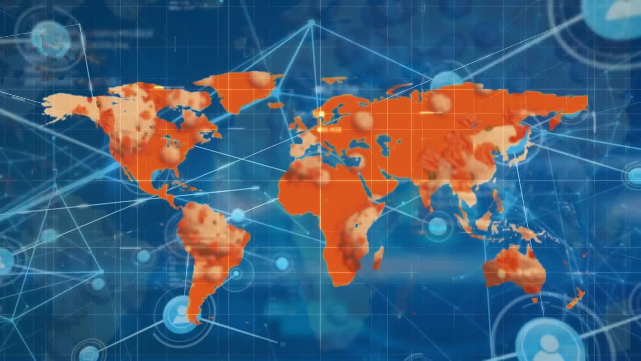 animación de iconos de medios y mapa del mundo sobre fondo azul