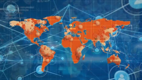 animación de iconos de medios y mapa del mundo sobre fondo azul