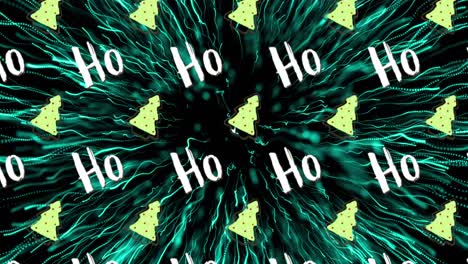 Animation-of-multiple-ho-ho-text-and-christmas-tree-over-fireworks-on-black-background