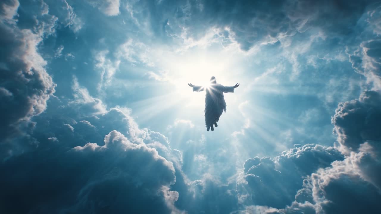 Figura Maestosa che Ascende Tra Nuvole Eteree: Una Bellissima Rappresentazione di Speranza, Luce e Illuminazione Spirituale che Irradia uno Splendore Divino Attraverso i Cieli