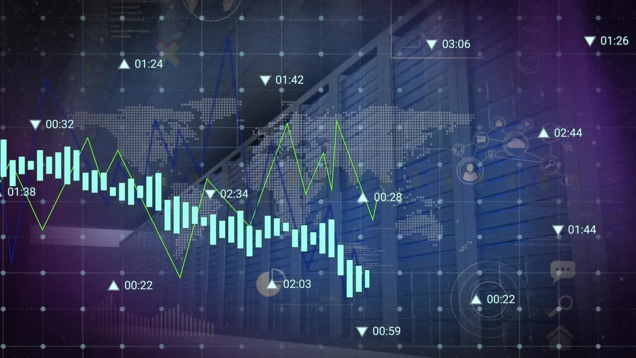 Animation of financial data processing over world map against computer server room