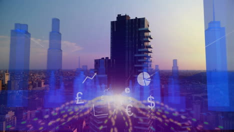 dark high-rise building being animated in 3d render, showing floating blue data bars and nodes