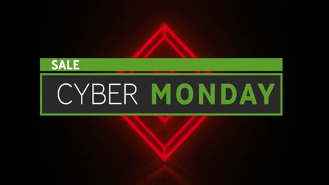 Animation-of-cyber-monday-sale-text-in-white-and-green-letters-over-glowing-red-diamonds