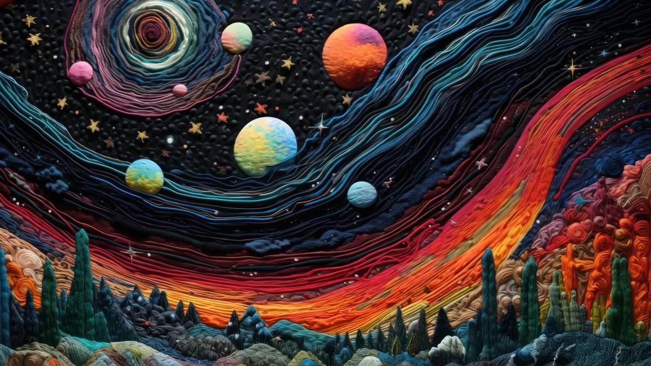 Vibrant Textured Art of a Cosmic Landscape with Planets and Stars
