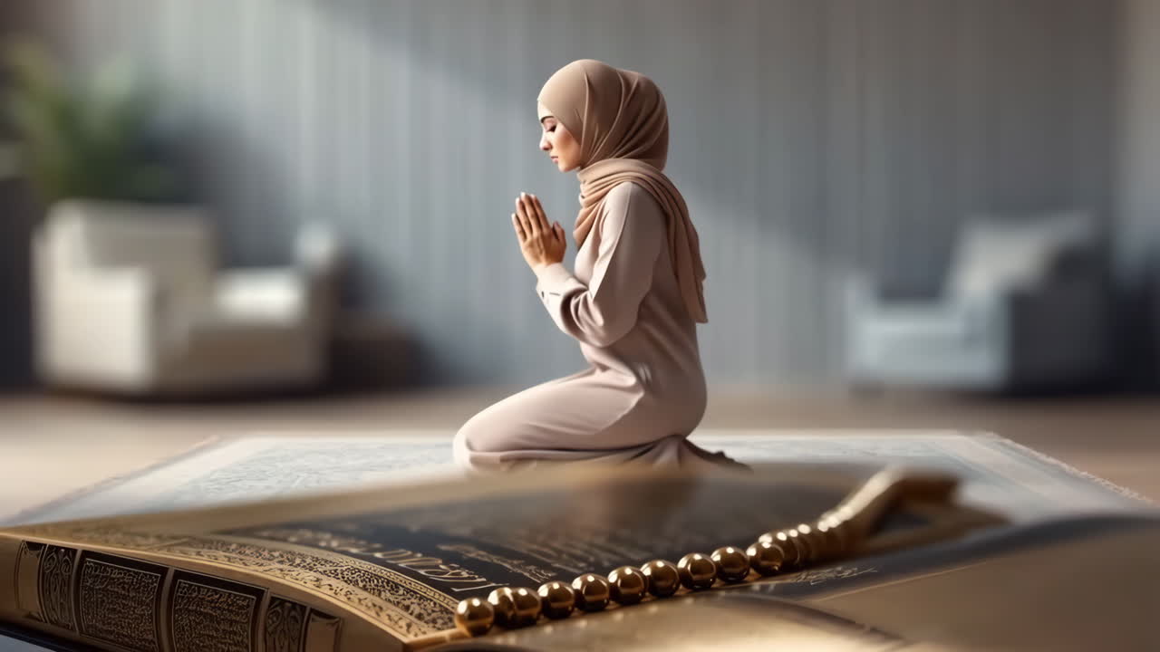 Muslim Woman Praying with Quran and Prayer Beads